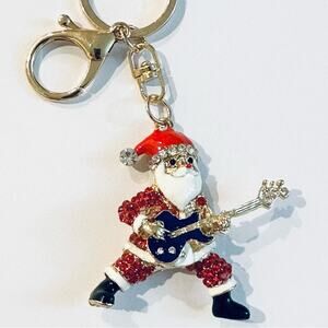 Santa Claus Playing Guitar Metal Keychain Christmas